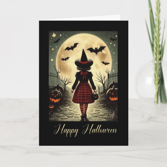 Tarjeta Festiva Halloween divertida y pequeña bruja (Anverso)