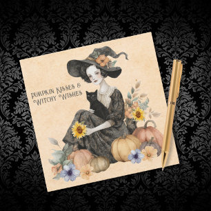 Tarjeta Festiva Halloween encantando calabazas y flores de gato pa