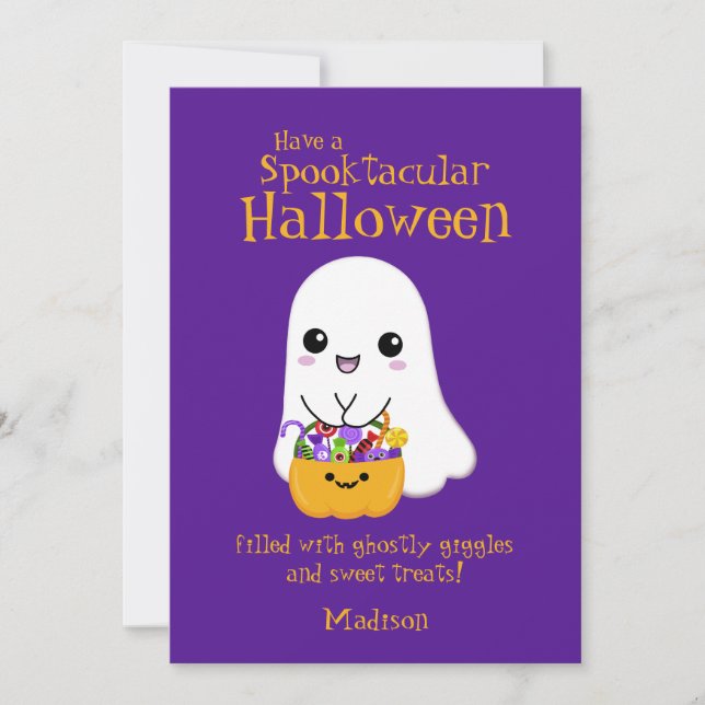 Tarjeta Festiva Halloween esculpido fantasma morado (Anverso)
