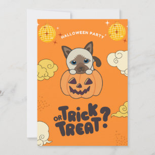 Tarjeta Festiva Halloween Fiesta Truco o Trato Gato Siames Pumpkin