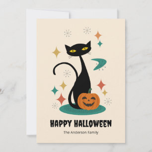 Tarjeta Festiva Halloween Gato Negro de Mitad de Siglo