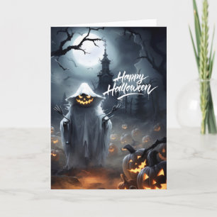 Tarjeta Festiva Halloween Ghoul en un parche de Jackolantern