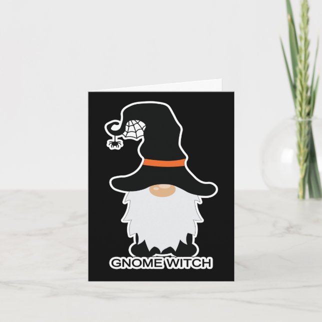 Tarjeta Festiva Halloween Gnome Witch White Hair Black Gorra (Anverso)