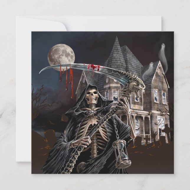 Tarjeta Festiva Halloween Grim Reaper Haunted House (Anverso)