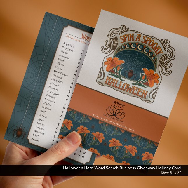 Tarjeta Festiva Halloween Hard Word Search Business Giveaway (Halloween Business Freebie Giveaway Holiday Card with Logo and Website–Difficult Word Search )