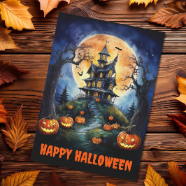 Tarjeta Festiva Halloween Hauned House con calabazas