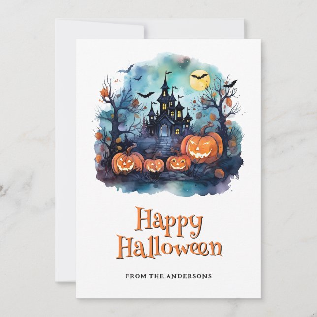 Tarjeta Festiva Halloween Hauned Mansion Pumpkins Bats Ghost (Anverso)