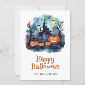 Tarjeta Festiva Halloween Hauned Mansion Pumpkins Bats Ghost