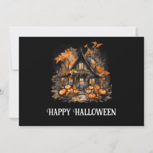 Tarjeta Festiva Halloween Haunted House con calabazas y follaje