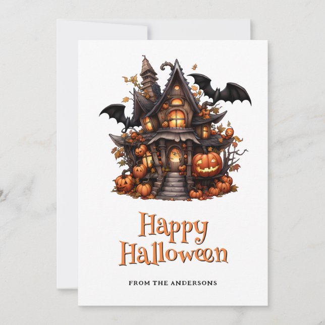 Tarjeta Festiva Halloween House Pumpkins Ghost Card (Anverso)