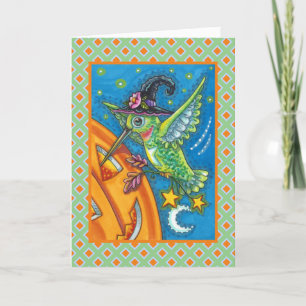 TARJETA FESTIVA HALLOWEEN HUMMINGBIRD & JACK O LANTERN WHIMSY