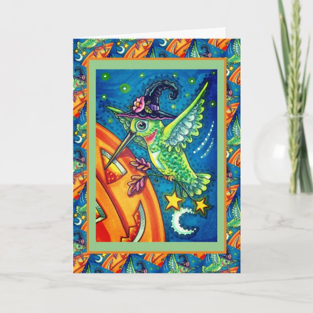 TARJETA FESTIVA HALLOWEEN HUMMINGBIRD & JACK O LANTERN WHIMSY (Anverso)
