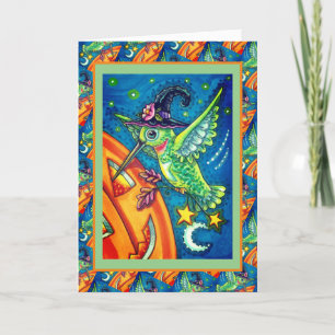 TARJETA FESTIVA HALLOWEEN HUMMINGBIRD & JACK O LANTERN WHIMSY