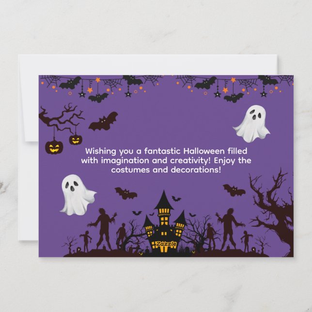Tarjeta Festiva Halloween ilustrativo morado y negro (Reverso)