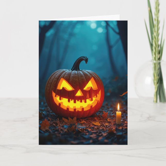 Tarjeta Festiva Halloween Jack-o-lantern en Spooky Woods (Anverso)