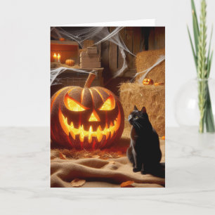 Tarjeta Festiva Halloween Jack-o-Lantern y Cat In Barn