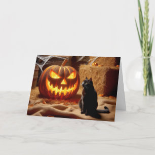 Tarjeta Festiva Halloween Jack-o-Lantern y Cat In Barn