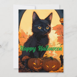 Tarjeta Festiva Halloween mágico Kat negro y calabazas