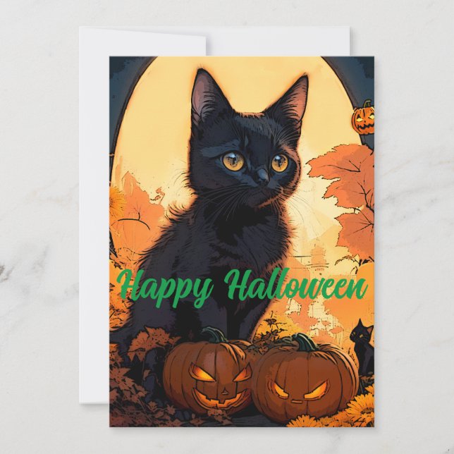 Tarjeta Festiva Halloween mágico Kat negro y calabazas (Anverso)