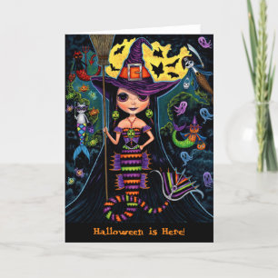 Tarjeta Festiva Halloween Mermaid Witch Mercats Ghosts Pumpkins