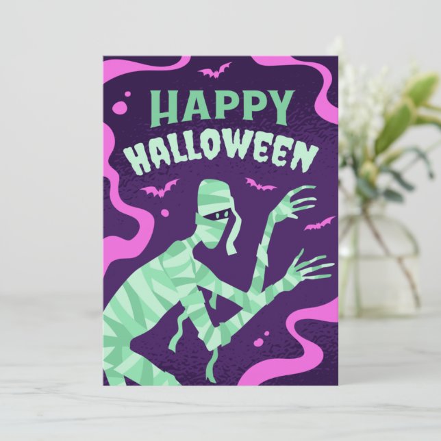 TARJETA FESTIVA HALLOWEEN MUMMY PERSONALIZADO, FELIZ HALLOWEEN (Anverso de pie)