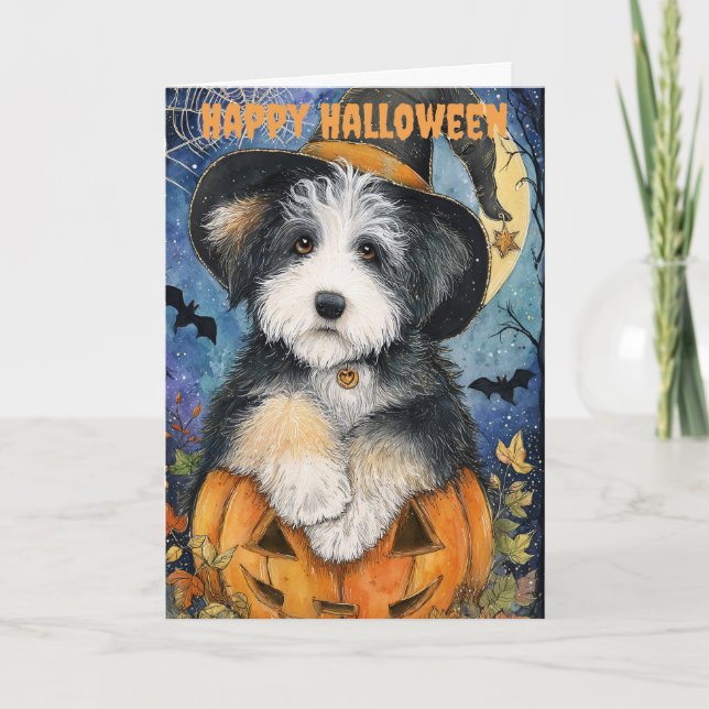 Tarjeta Festiva Halloween Old English Sheepdog Dog (Anverso)