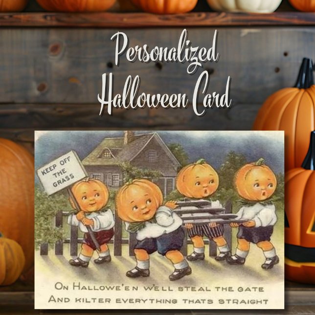 Tarjeta Festiva Halloween Personalizado de niños con cabeza de cal (Vintage Retro Pumpkin-Head Kids Custom Halloween Card with editable message. Just add your name!)