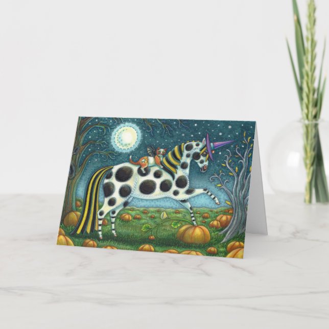 Tarjeta Festiva HALLOWEEN PONY Y BAT CAT Fantasía Caballo (Anverso)