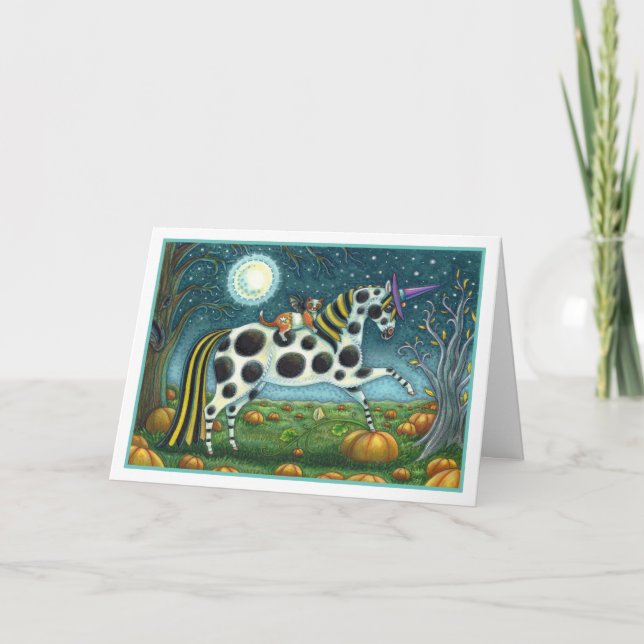 Tarjeta Festiva HALLOWEEN PONY Y BAT CAT Fantasía Caballo (Anverso)