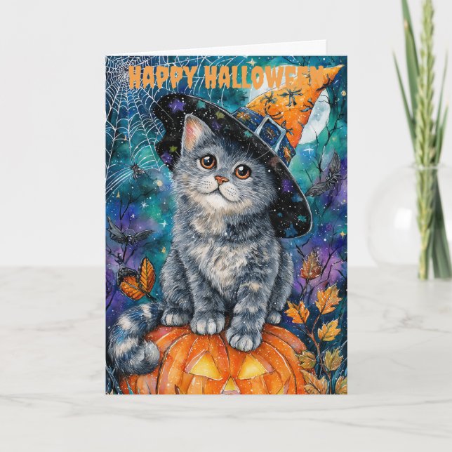 Tarjeta Festiva Halloween Russian Blue Cat (Anverso)
