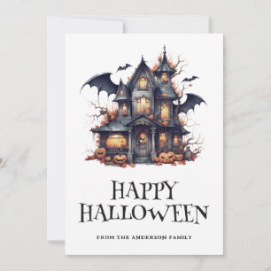 Tarjeta Festiva Halloween Spooky Bat Haunted House Pumpkins Card