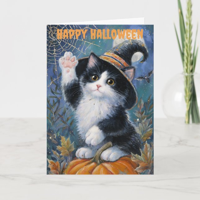 Tarjeta Festiva Halloween Tuxedo Cat (Anverso)