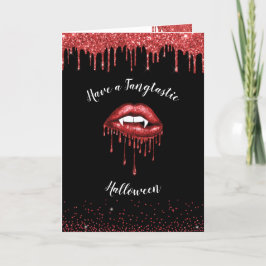 Tarjeta Festiva Halloween: Vampiros purpurinas rojos labios y colm
