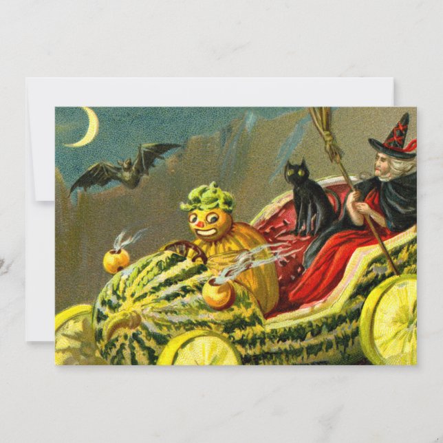 Tarjeta Festiva Halloween Vintage Gato Negro y Bruja (Anverso)