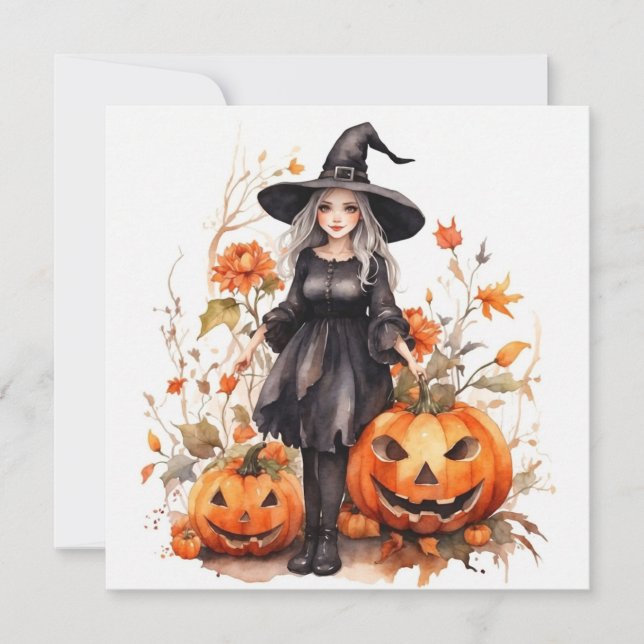 Tarjeta Festiva Halloween Watercolor Witch con calabazas (Anverso)