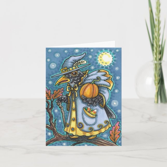 TARJETA FESTIVA HALLOWS EVE BLACKBIRD WIZARD, HALLOWEEN RAVEN (Anverso)