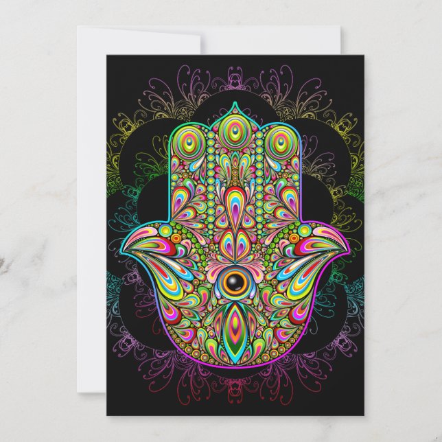 Tarjeta Festiva Hamsa Fatma Hand Psychedelic Art (Anverso)