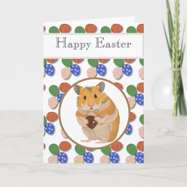 Tarjeta Festiva Hamster de Pascua con Huevos de Chocolate Editable (Anverso)