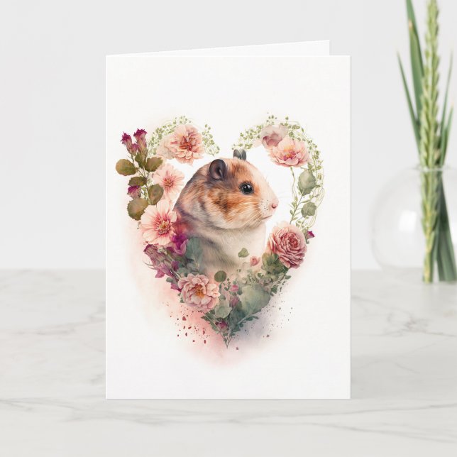 Tarjeta Festiva Hamster dulce con El día de San Valentín de flores (Anverso)