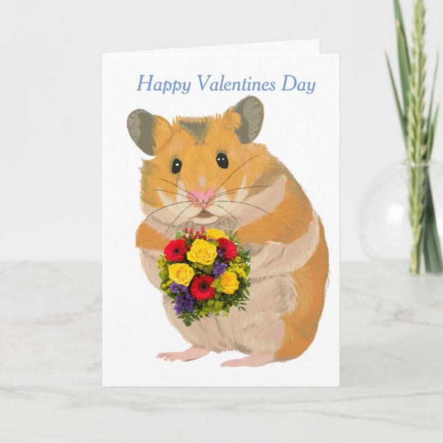 Tarjeta Festiva Hamster sostiene un ramo editable San Valentín (Anverso)