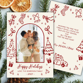 Tarjeta Festiva Hand-Drawn Arch Photo Red Beige Christmas Happy