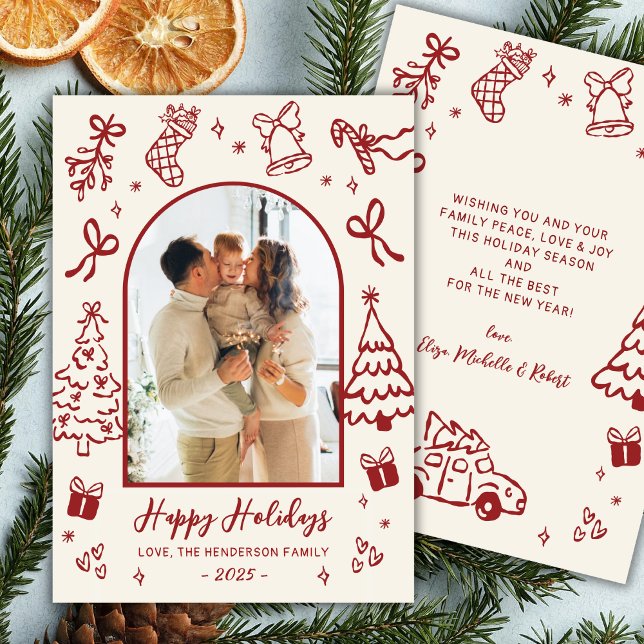 Tarjeta Festiva Hand-Drawn Arch Photo Red Beige Christmas Happy (Subido por el creador)