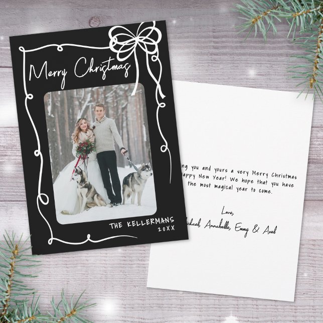 Tarjeta Festiva Hand Drawn Black Bow Whimsical Christmas (Hand Drawn Black Bow Whimsical Christmas Holiday Card)