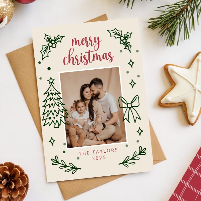 Tarjeta Festiva Hand Drawn Bow Minimalist Family Christmas Photo (Subido por el creador)