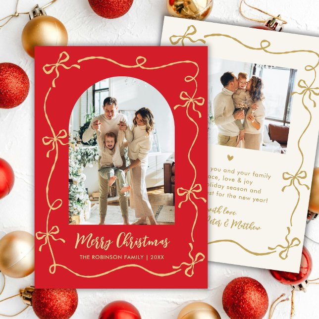 Tarjeta Festiva Hand Drawn Bows Arch 2 Photo Merry Christmas Red (Subido por el creador)