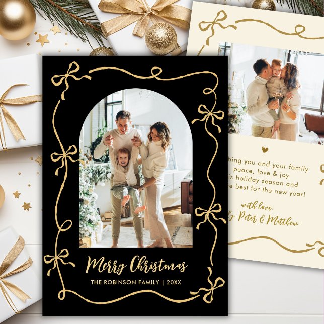 Tarjeta Festiva Hand Drawn Bows Arch Photo Merry Christmas Black (Subido por el creador)