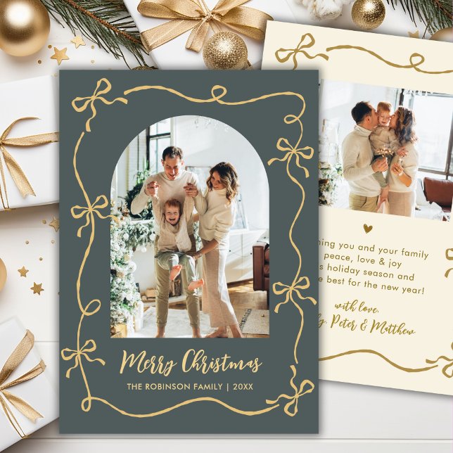 Tarjeta Festiva Hand Drawn Bows Arch Photo Merry Christmas Green  (Subido por el creador)