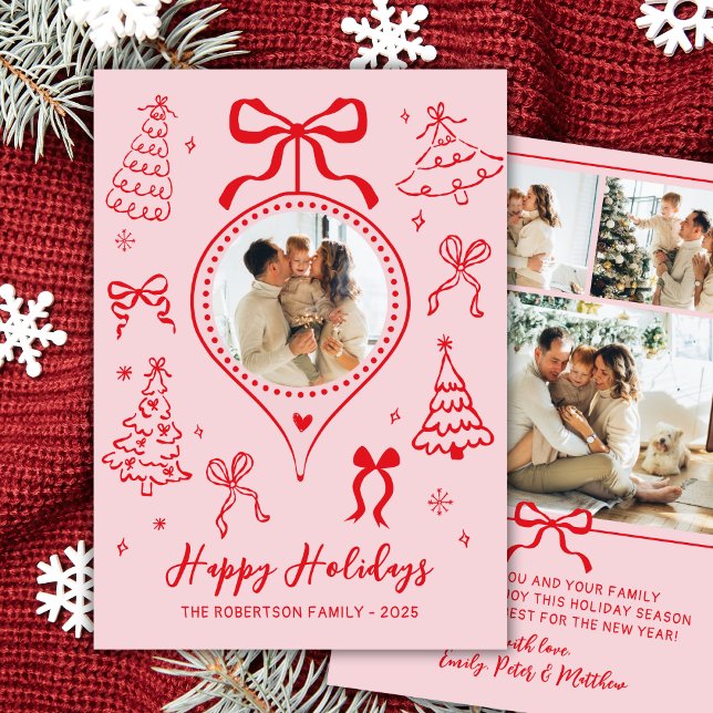 Tarjeta Festiva Hand Drawn Bows Photo Pink and Red Christmas Happy (Subido por el creador)