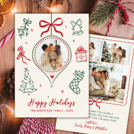 Tarjeta Festiva Hand-Drawn Doodle Green Red Photo Christmas Happy