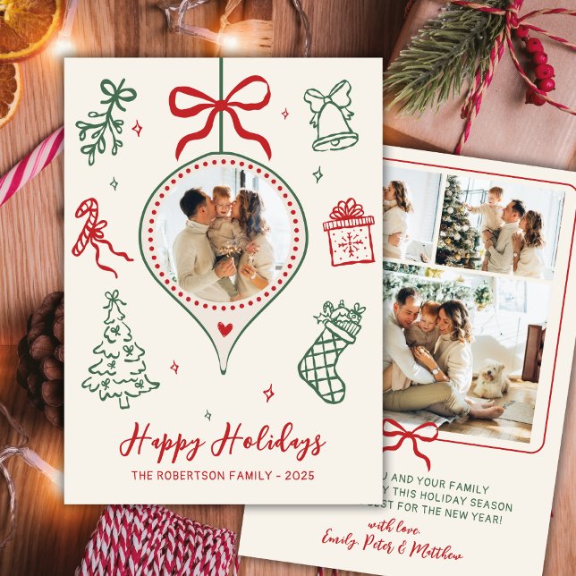 Tarjeta Festiva Hand-Drawn Doodle Green Red Photo Christmas Happy (Subido por el creador)